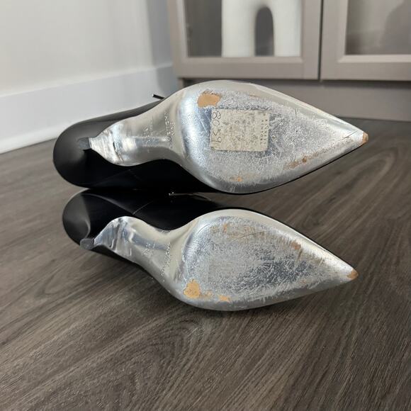 Givenchy Black Leather Silver Bar Heeled Bootie 38.5 Point Toe Kitten Heel Boots - Picture 5 of 6